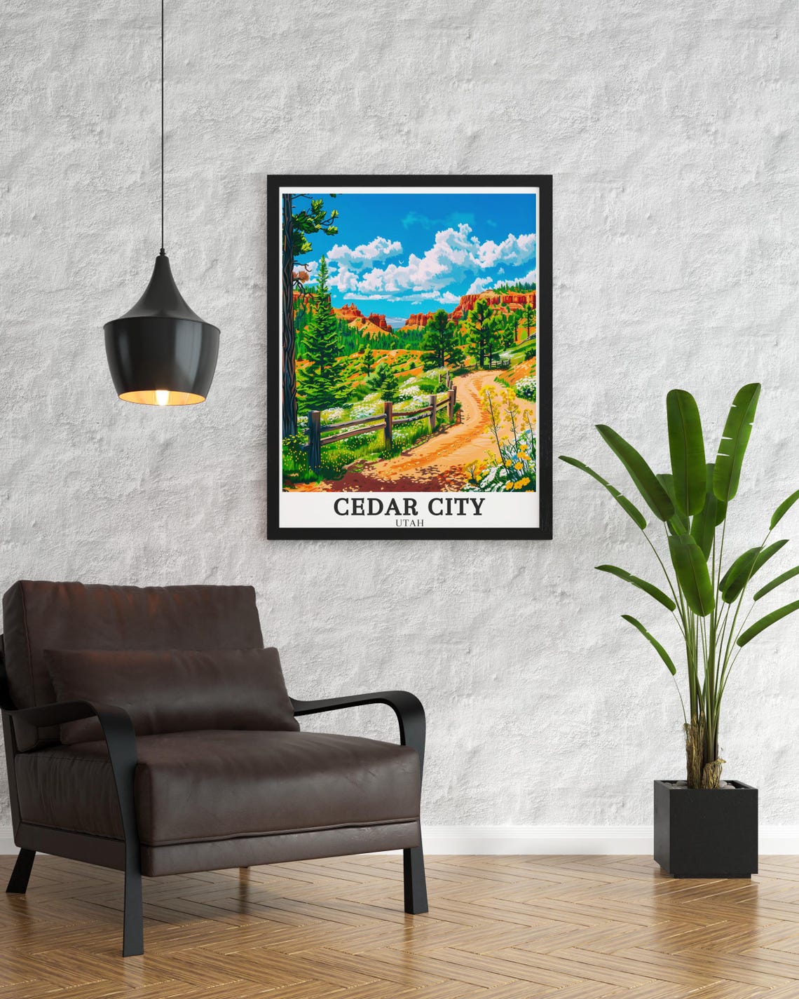 Cedar City Utah Poster Red Rock Trail with Wooden Fence and Pine Trees - Image 4
