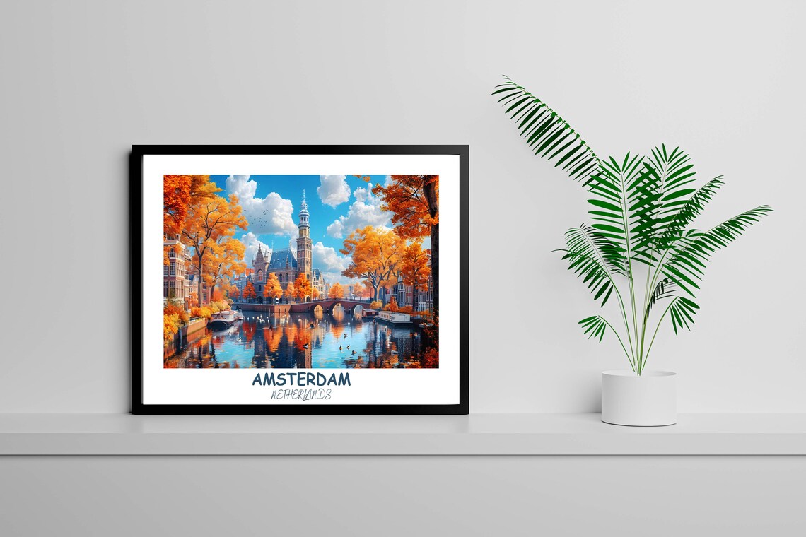 Amsterdam Netherlands Autumn Canal Bridge Fall Colors Travel Poster - Image 4