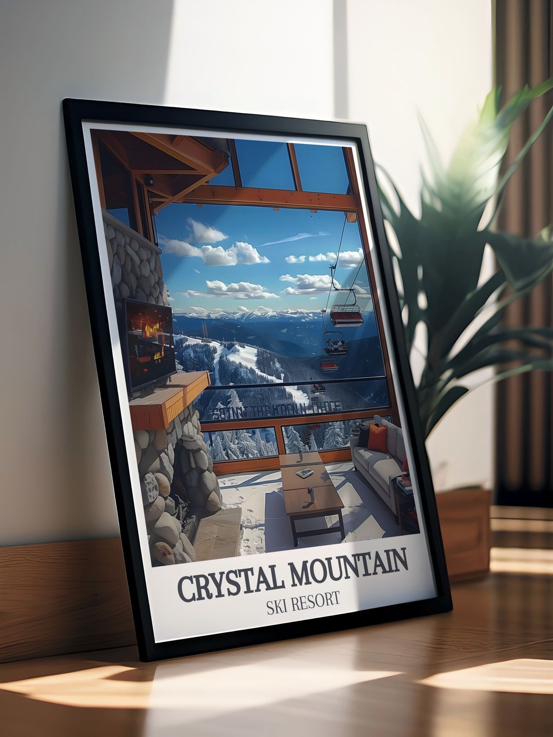 Crystal Mountain Ski Resort Cozy Lodge Fireplace View Poster - Image 2