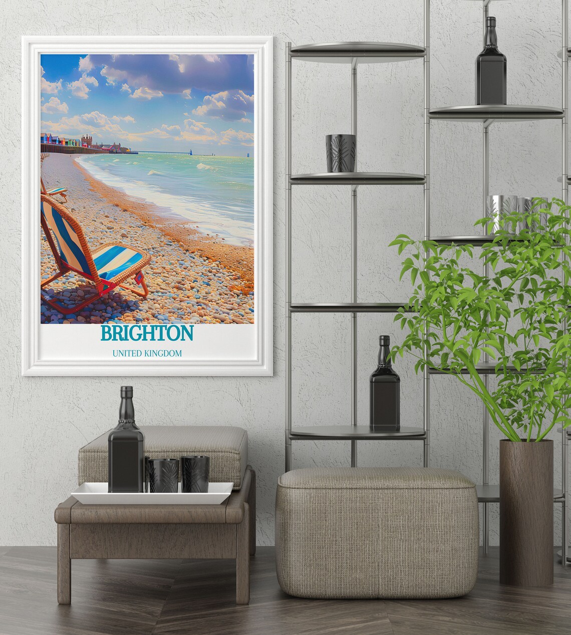 Brighton Beach Striped Deck Chair Pier View United Kingdom Poster - Image 4