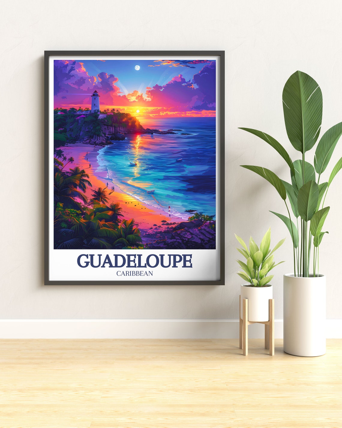 Guadeloupe Caribbean Lighthouse Sunset Beach Cove Travel Poster - Image 2