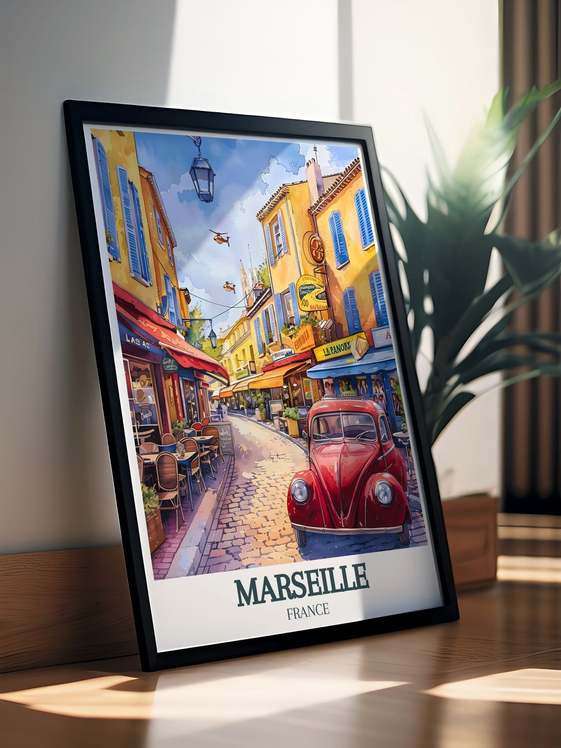 Marseille France Charming Street with Classic Red Beetle Poster - Image 2