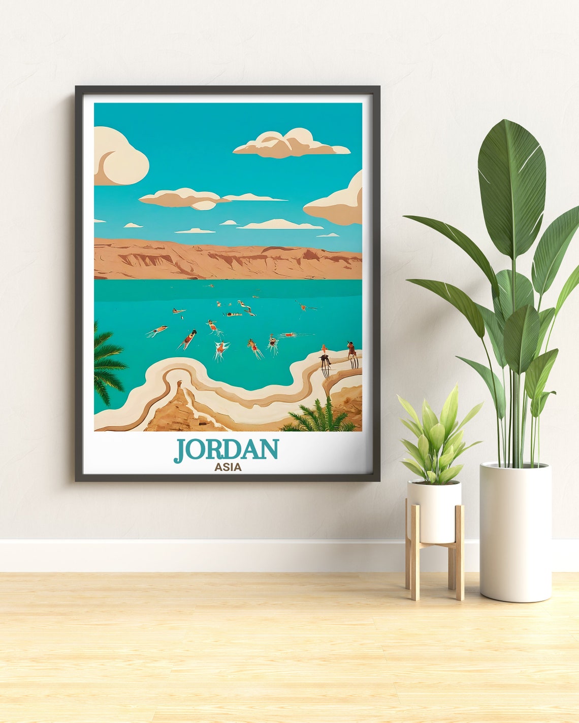 Jordan Dead Sea Floating Swimmers Salt Cliffs Scenic Travel Poster - Image 2