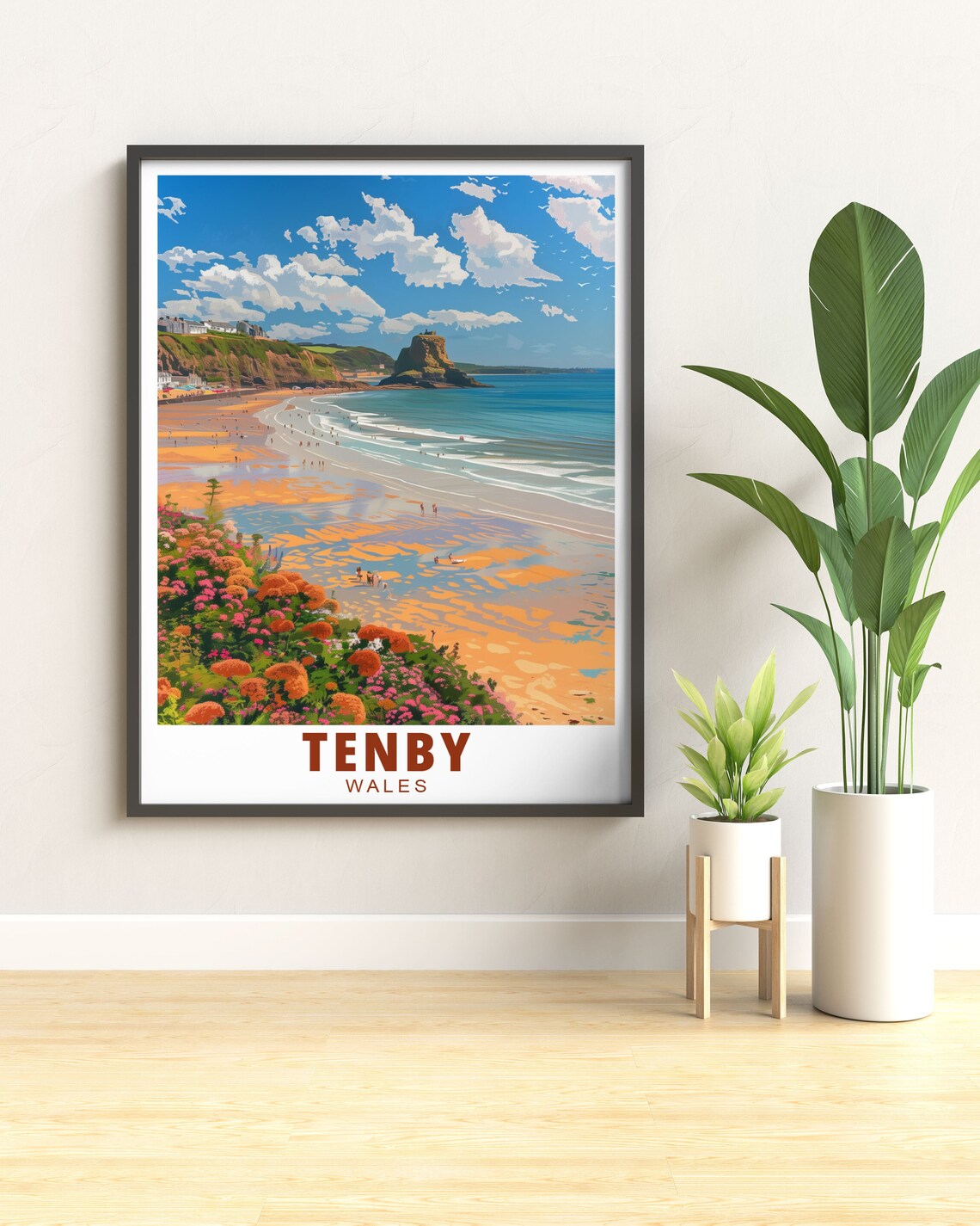 Tenby Wales North Beach Flowers Coastal Sunset Travel Poster - Image 2