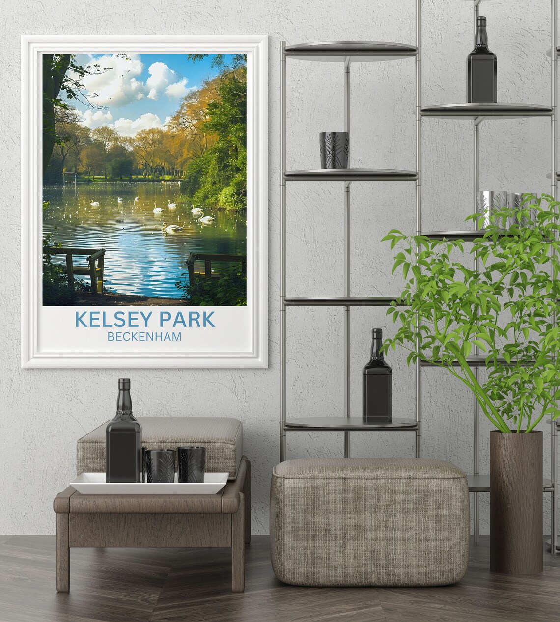 Kelsey Park Lake with Swans Beckenham London Vintage Travel Poster - Image 4