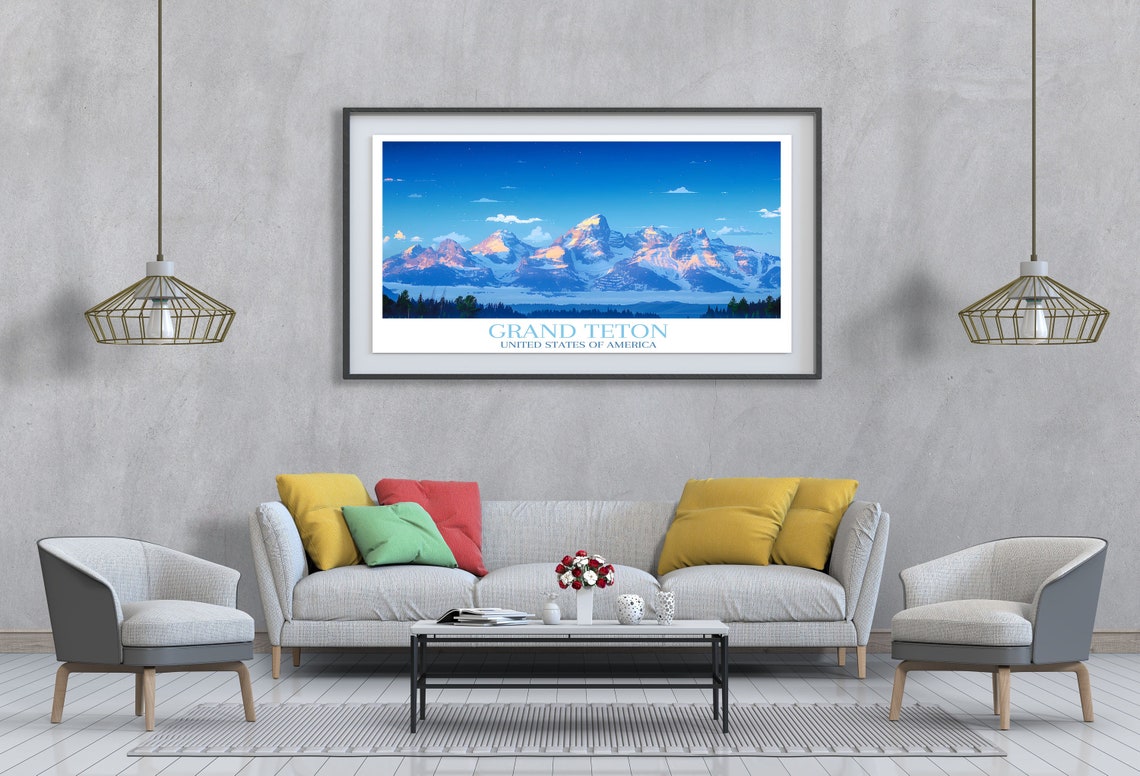 Grand Teton Alpenglow Panorama Snow Range Dawn Peaks Travel Poster - Image 4