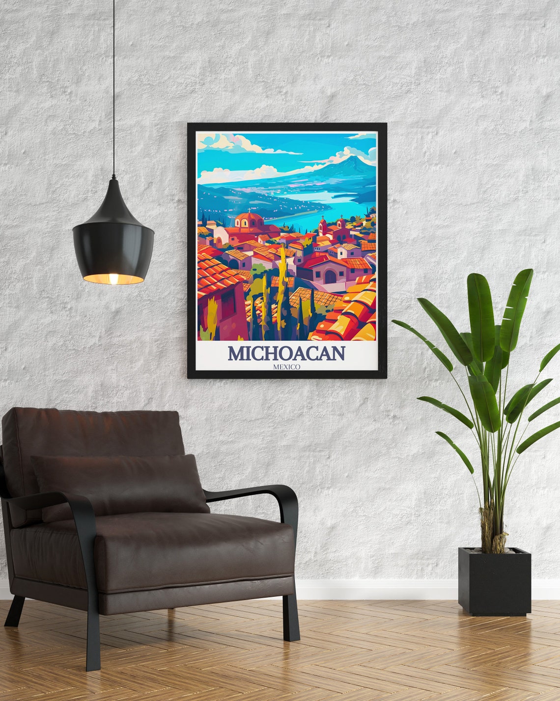 Michoacan Mexico Lakeside Town Rooftops Volcano View Travel Poster - Image 3