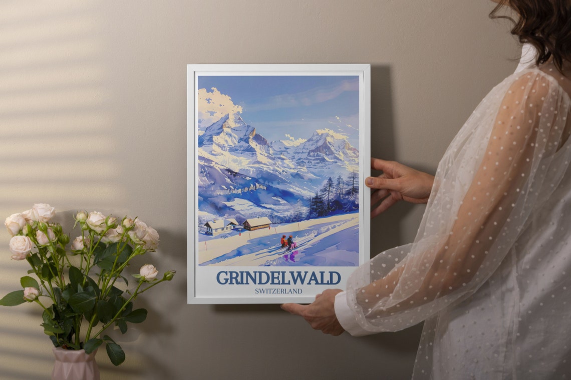 Grindelwald Switzerland Skiers Eiger Peak Chalet Scene Poster - Image 3
