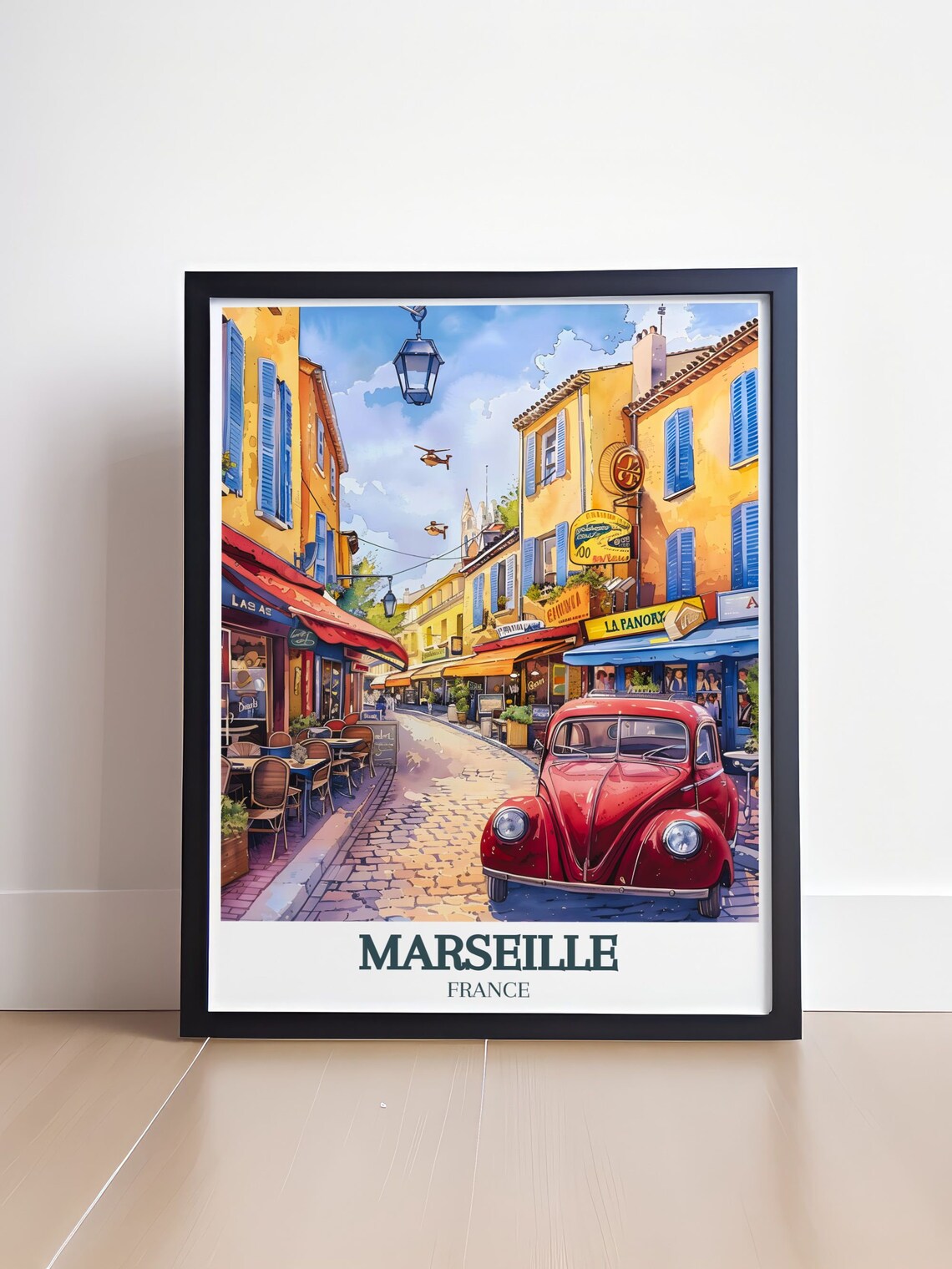 Marseille France Charming Street with Classic Red Beetle Poster - Image 4