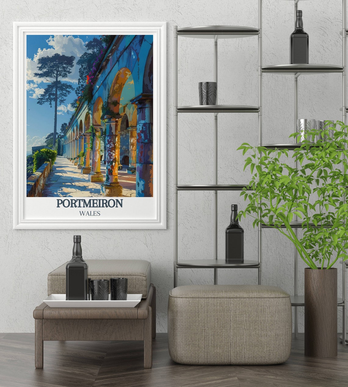 Portmeirion Flower Terrace Stone Colonnade Under Blue Sky Poster - Image 2