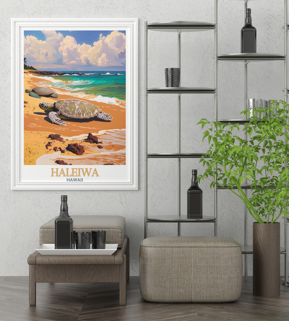Hawaii Haleiwa Sea Turtles Golden Sand Beach Ocean Travel Poster - Image 3