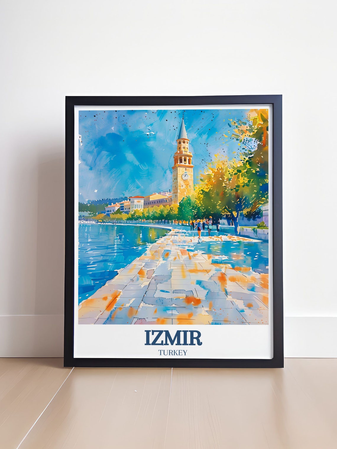 Izmir Turkey Clock Tower Promenade Watercolor Bay View Poster - Image 4