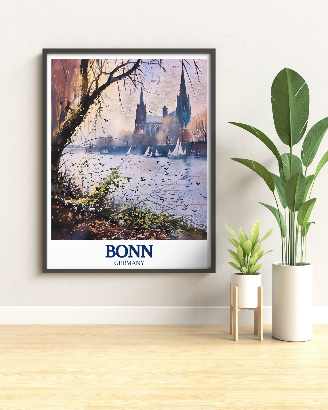 Bonn Germany Minster Basilica Poster Rhine River Dusk Watercolor Art - Image 2