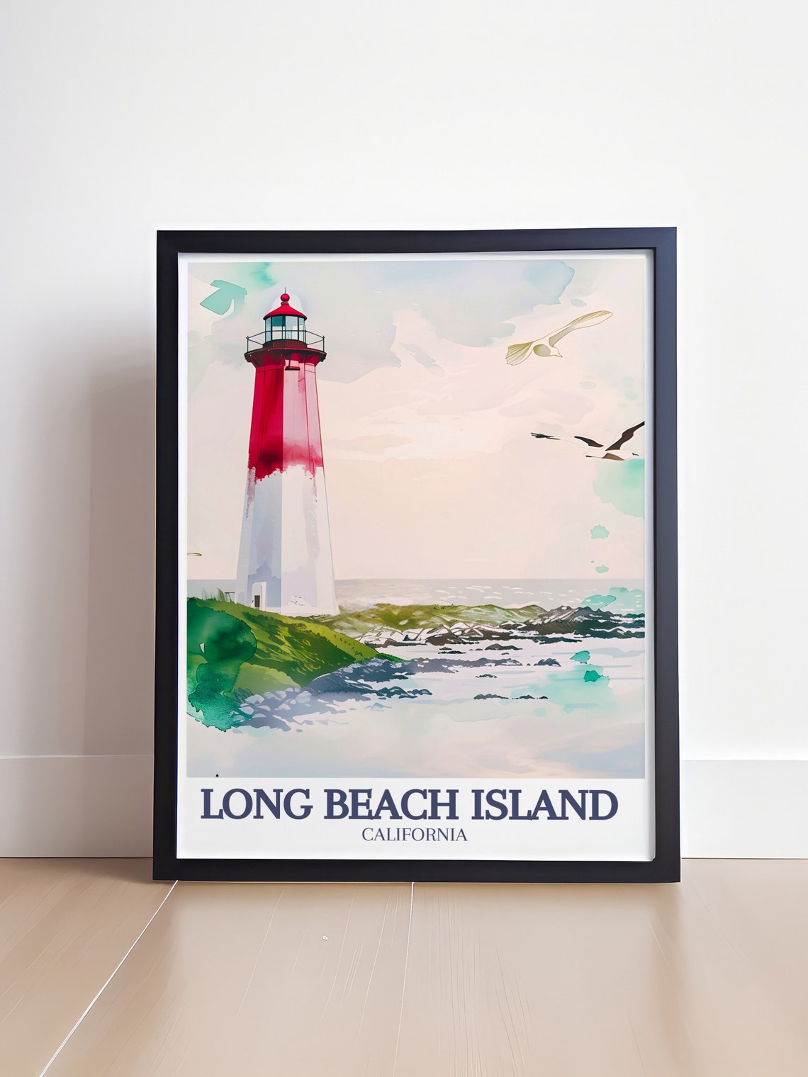 Long Beach Island California Lighthouse Watercolor Coast Poster - Image 4