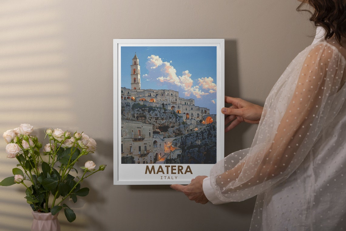 Matera Italy Sassi Cliffside Old Town Bell Tower Sunset Travel Poster - Image 3