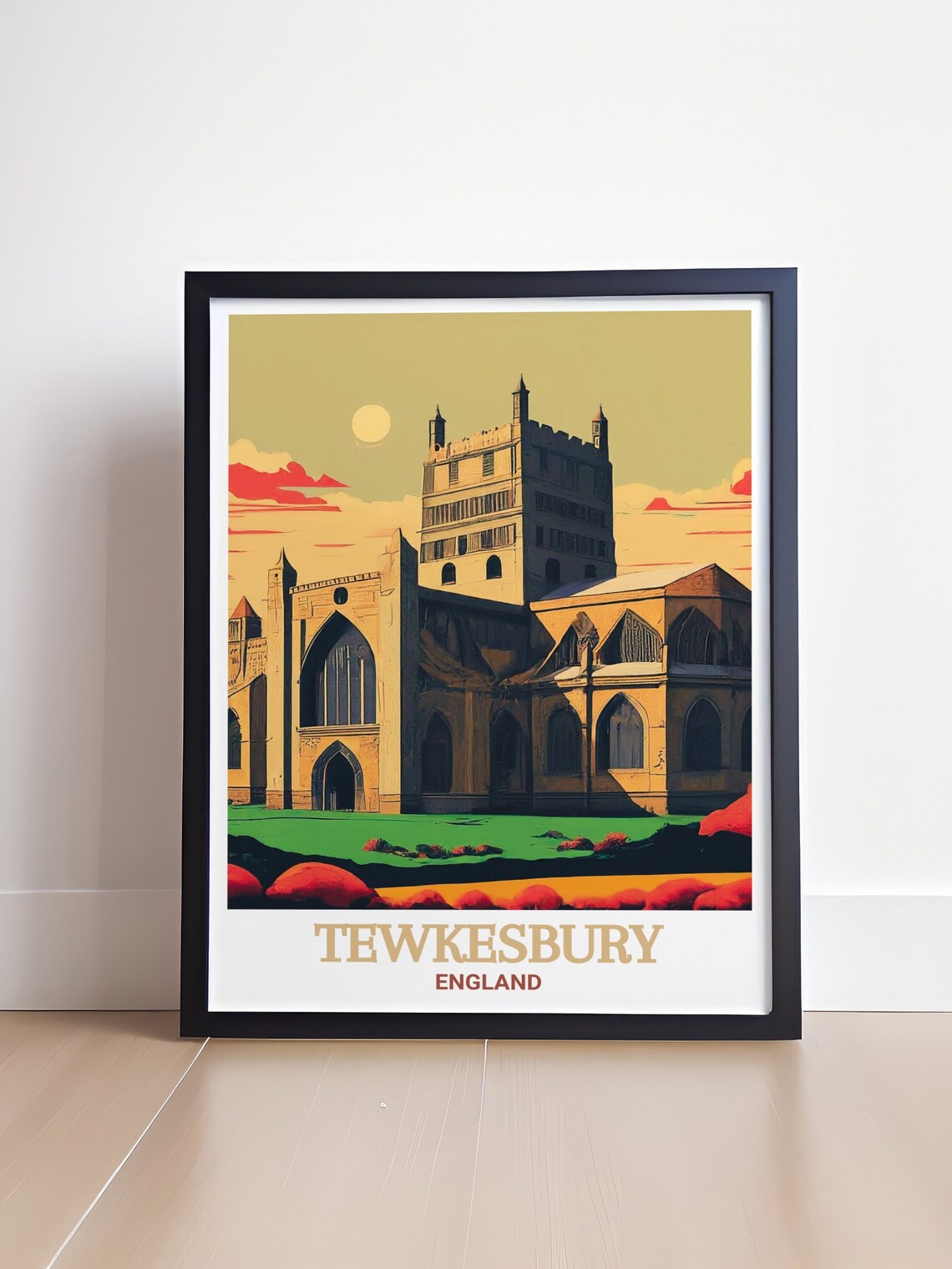 Tewkesbury Abbey At Sunset Retro Illustration England Poster - Image 4