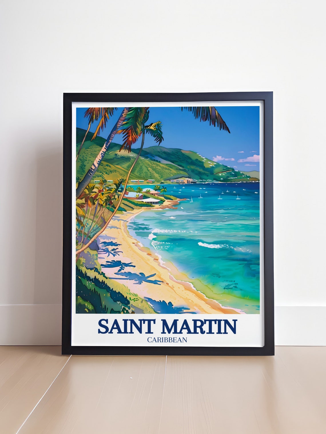 Saint Martin Caribbean Palm Beach Bay Watercolor Tropical Poster - Image 4