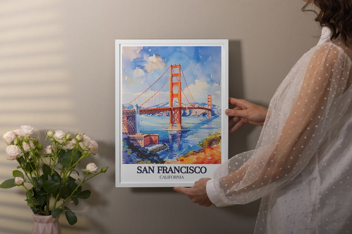 San Francisco Golden Gate Bridge Bay Span Watercolor View Poster - Image 2