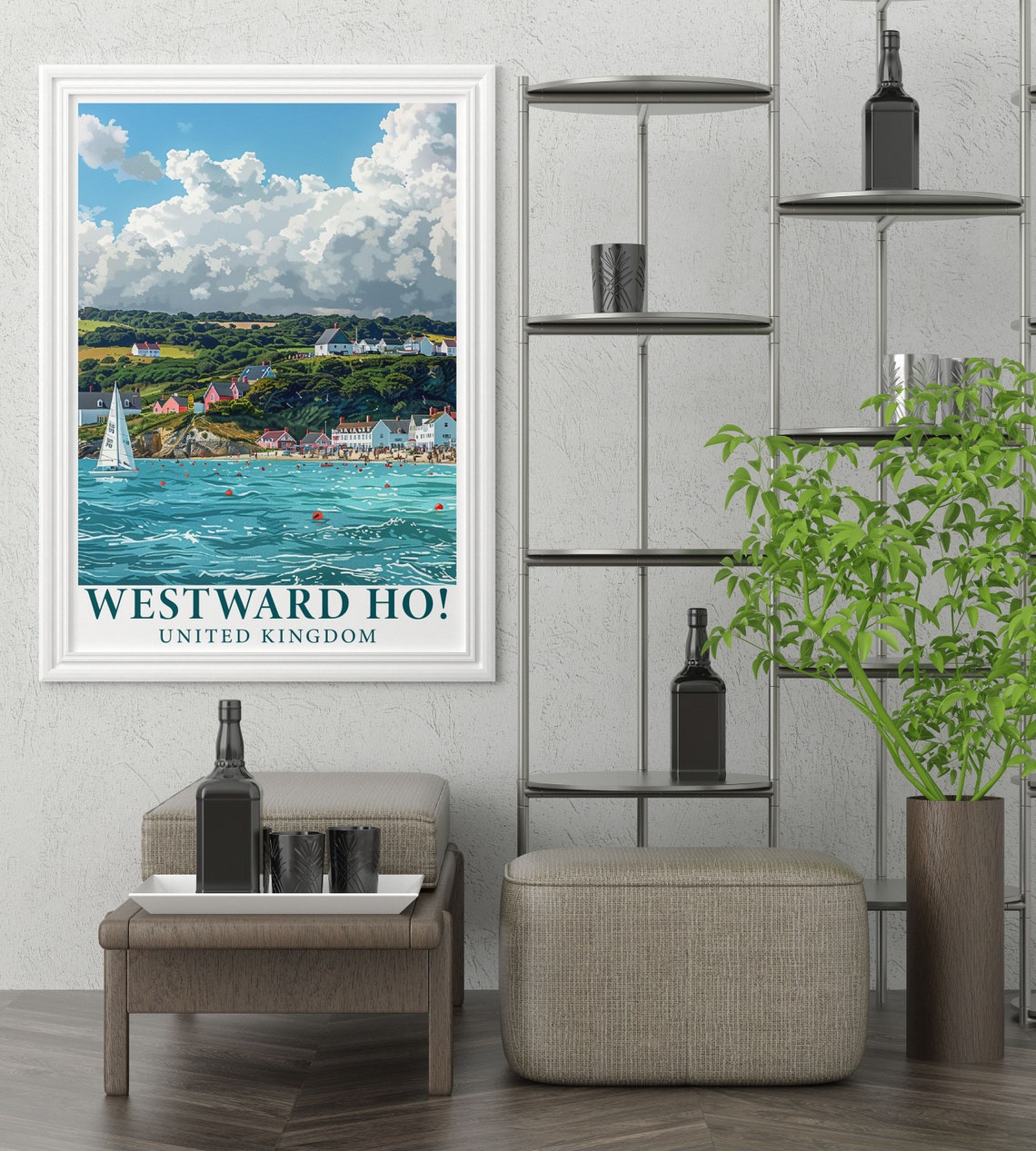 Westward Ho Seaside Village with Sailboat on Turquoise Sea Poster - Image 2