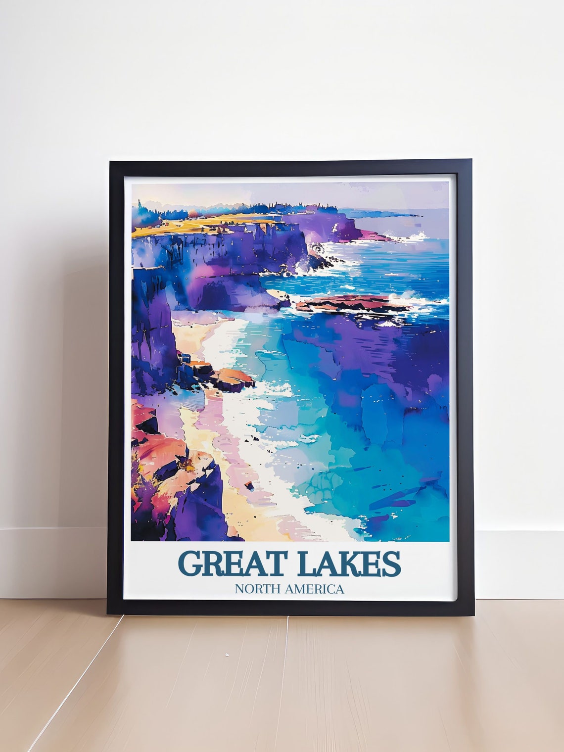 Great Lakes Dramatic Cliffs Watercolor Seascape Travel Poster - Image 4