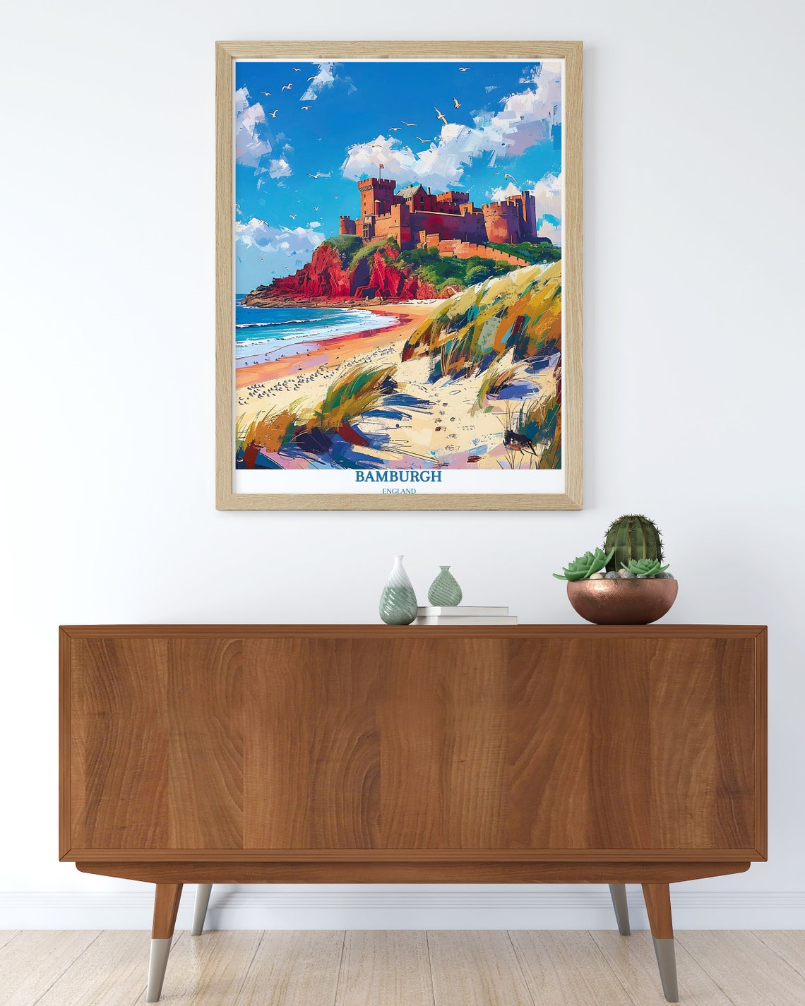 Bamburgh Castle Beach and Sandy Dunes Under Bright Summer Sky Poster - Image 2