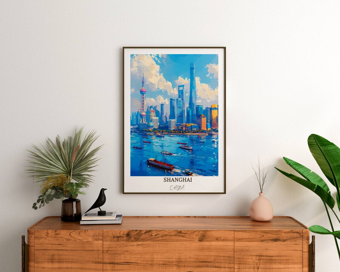 Shanghai China The Bund Skyline Huangpu River Boats Travel Poster - Image 3