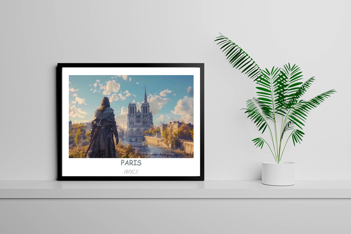 Paris Notre Dame Across the Seine Cloaked Figure Cinematic Poster - Image 2