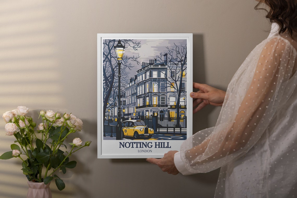 Notting Hill London Evening Lamp Lit Street Taxi Townhouse Glow Poster - Image 3