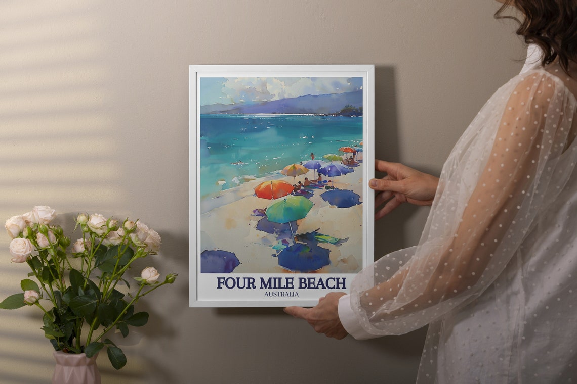 Four Mile Beach Australia Watercolor Beach Umbrellas Scene Poster - Image 3