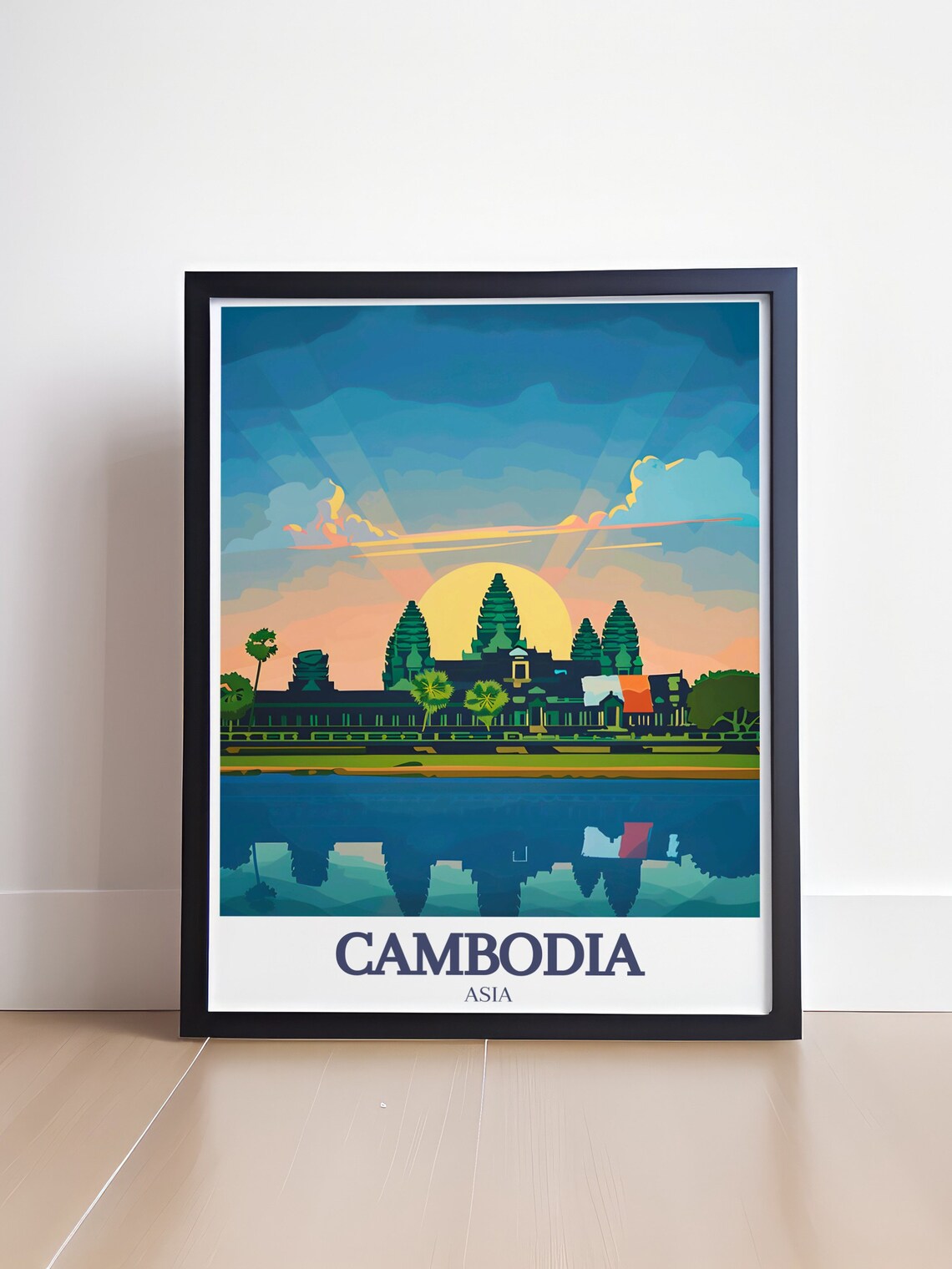 Angkor Wat Sunrise Reflection Cambodia Vintage Travel Poster - Image 4