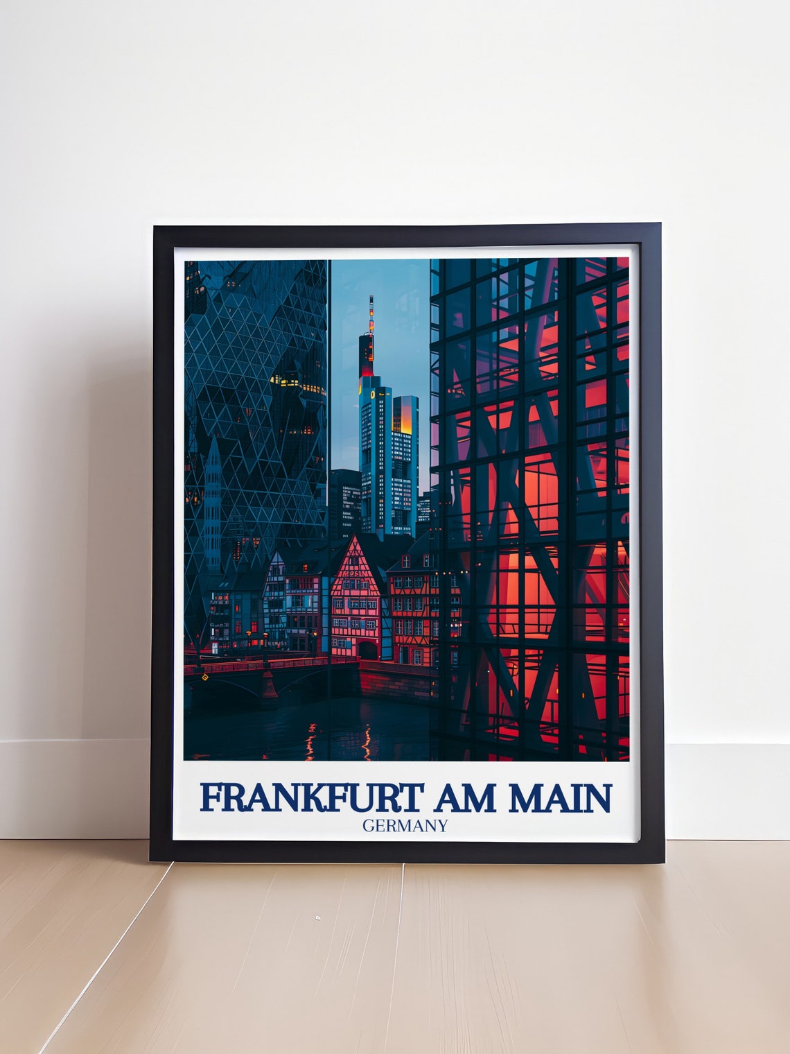 Frankfurt Am Main Neon Night City Skyline Vintage Travel Poster - Image 4