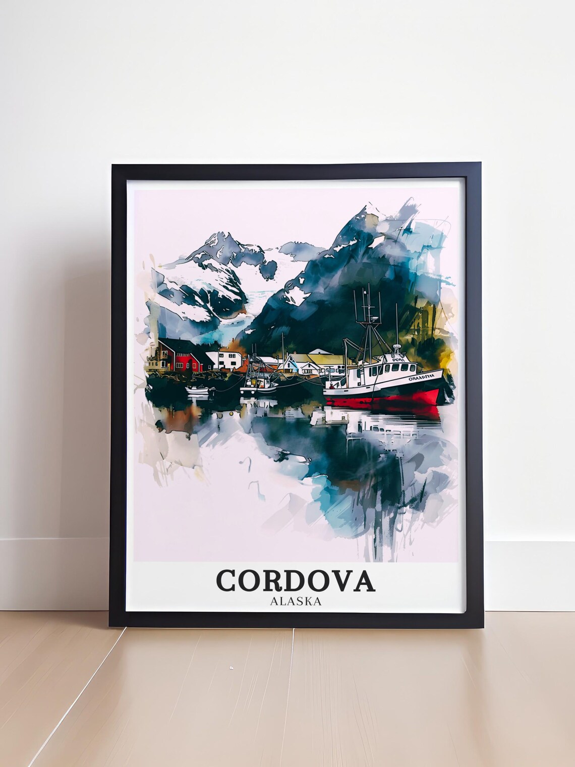 Cordova Alaska Fishing Harbor Watercolor Snowy Mountains View Poster - Image 4