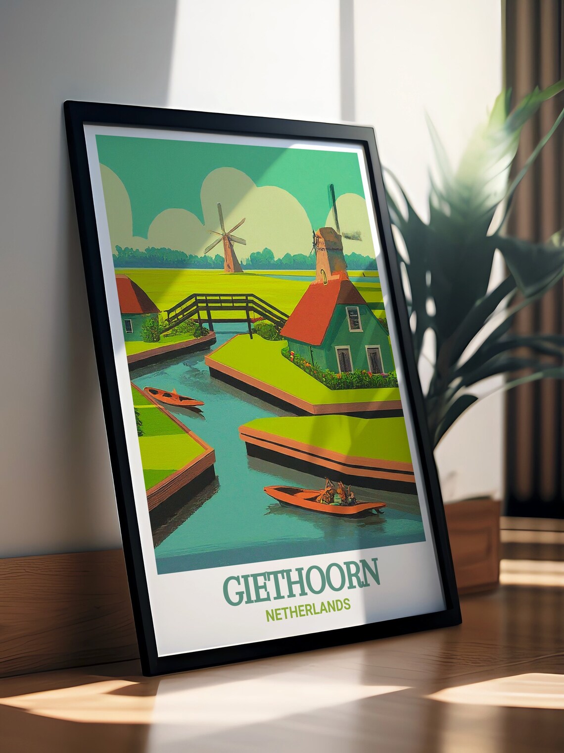 Giethoorn Netherlands Canal Boats Windmills Retro Style Poster - Image 3