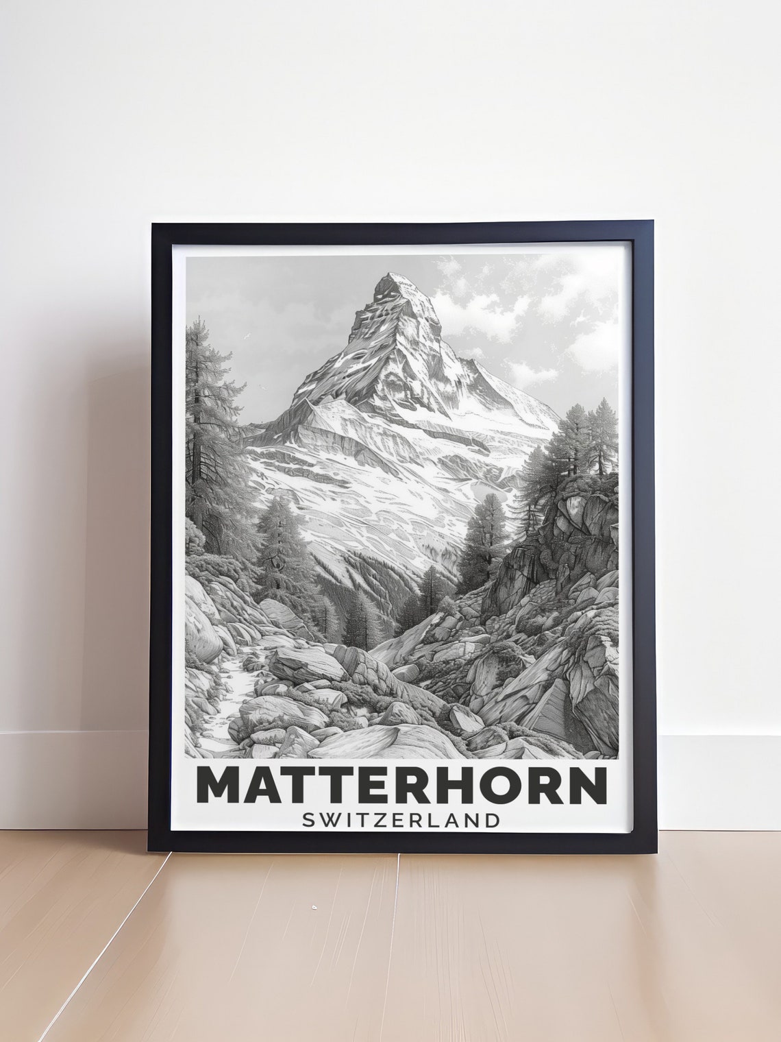 Matterhorn Switzerland Black and White Mountain Sketch Poster - Image 4