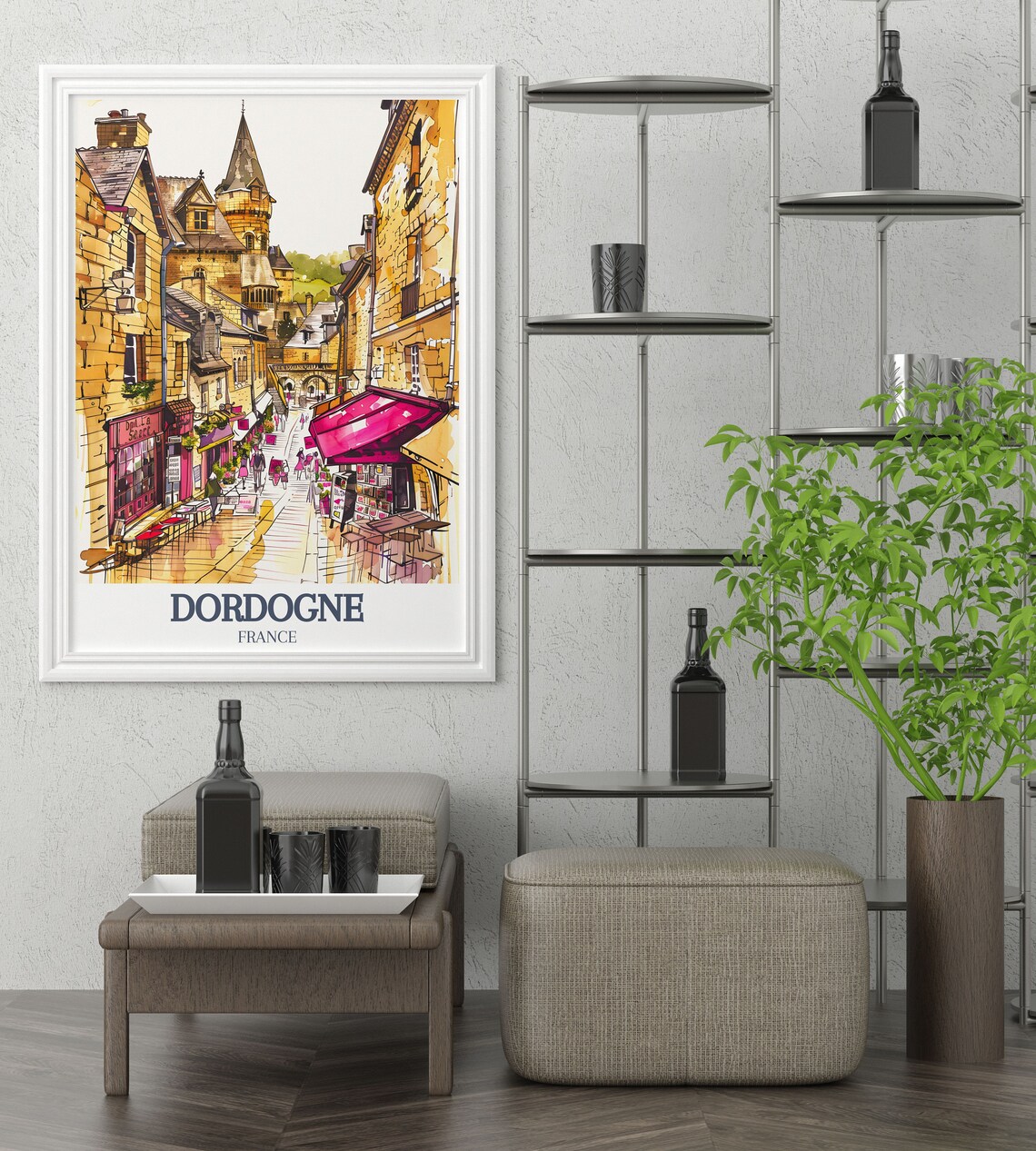 Dordogne France Medieval Old Town Street Watercolor Travel Poster - Image 2