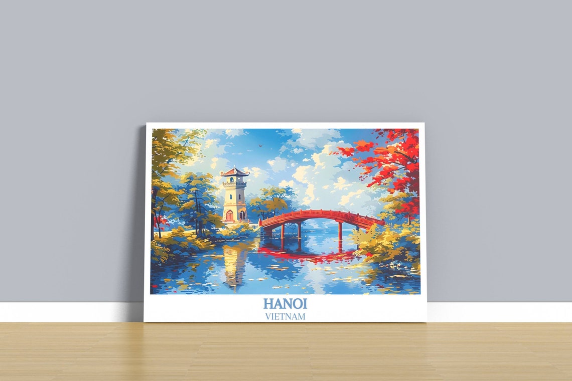 Hanoi Vietnam Red Bridge Turtle Tower Autumn Lake Scene Poster - Image 2