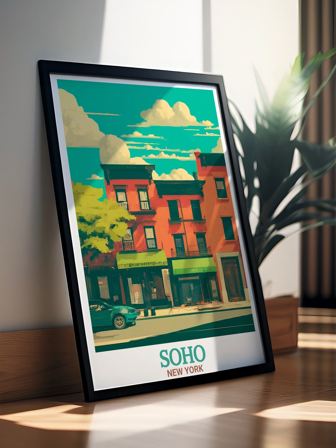 Soho New York Green Street Brick Facade Retro Teal Sky Poster - Image 3