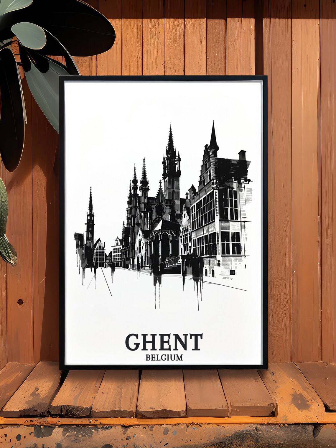Ghent Belgium Cloth Hall Black And White Architectural Sketch Poster - Image 3