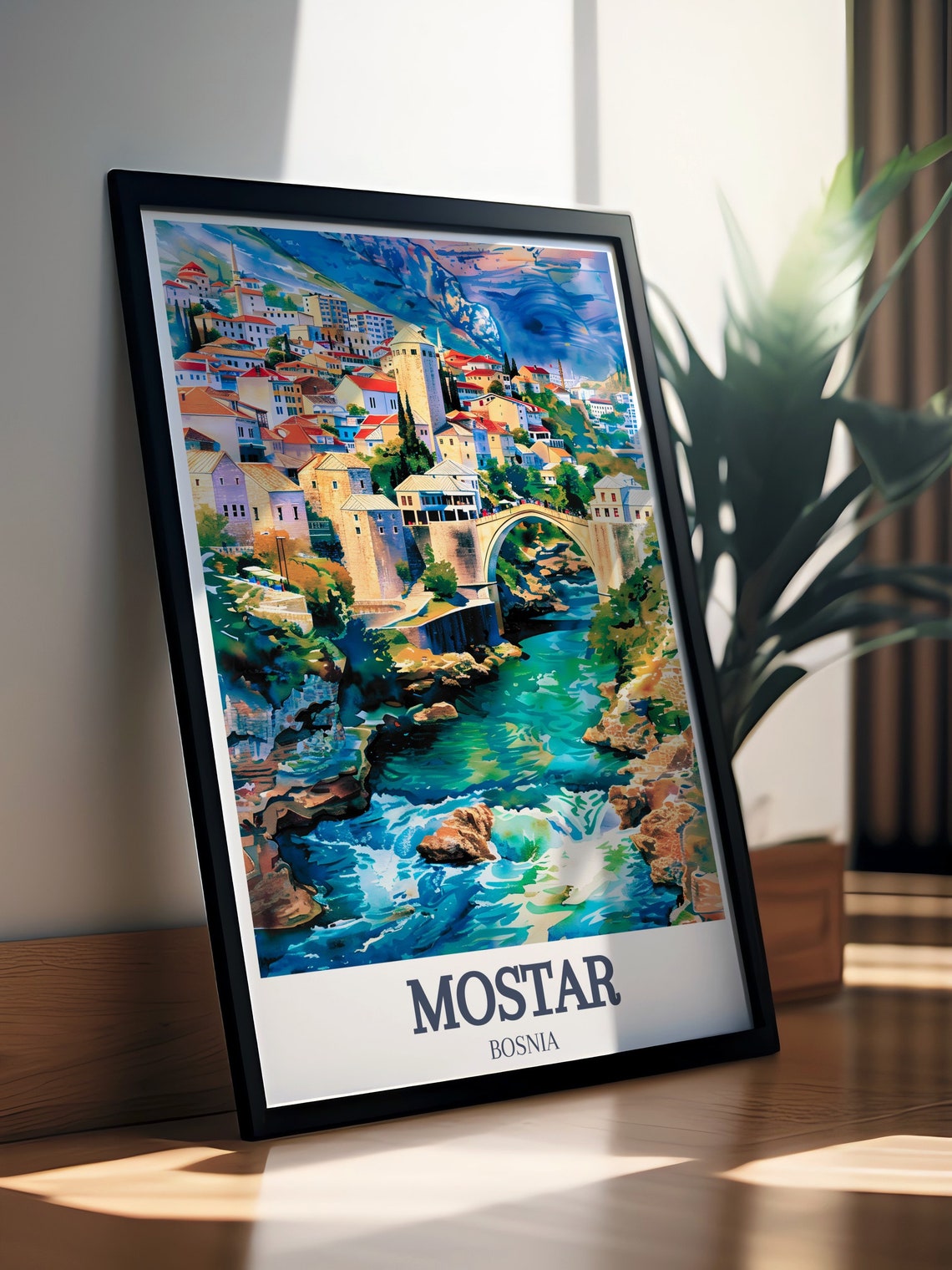 Mostar Stari Most Old Bridge Neretva River Travel Art Poster - Image 2
