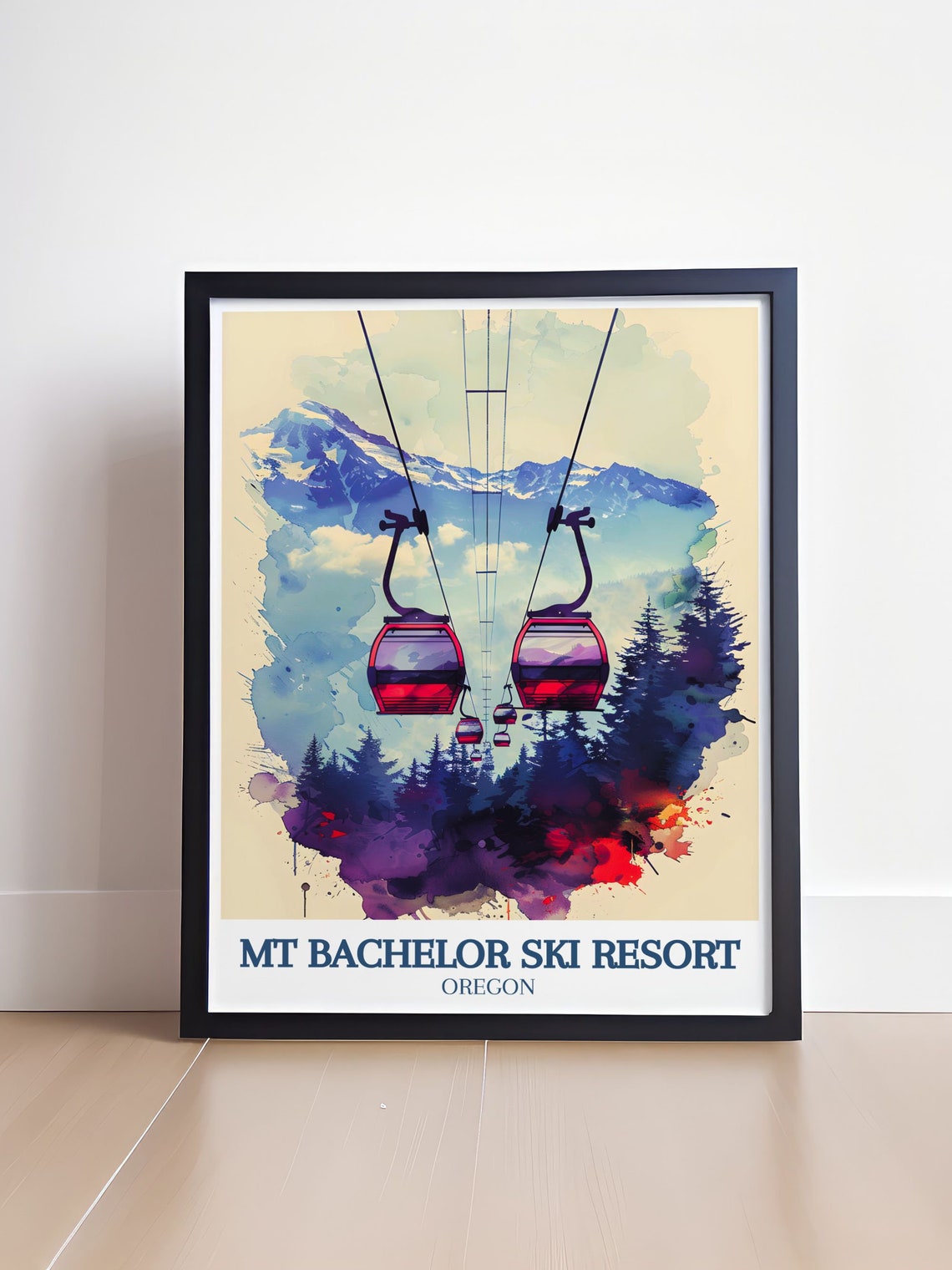 Mt Bachelor Ski Resort Watercolor Gondola Poster Over Forest - Image 4
