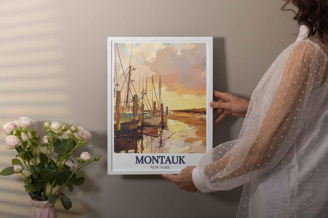 Montauk Harbor Fishing Boats Golden Sunset Travel Art Poster - Image 3