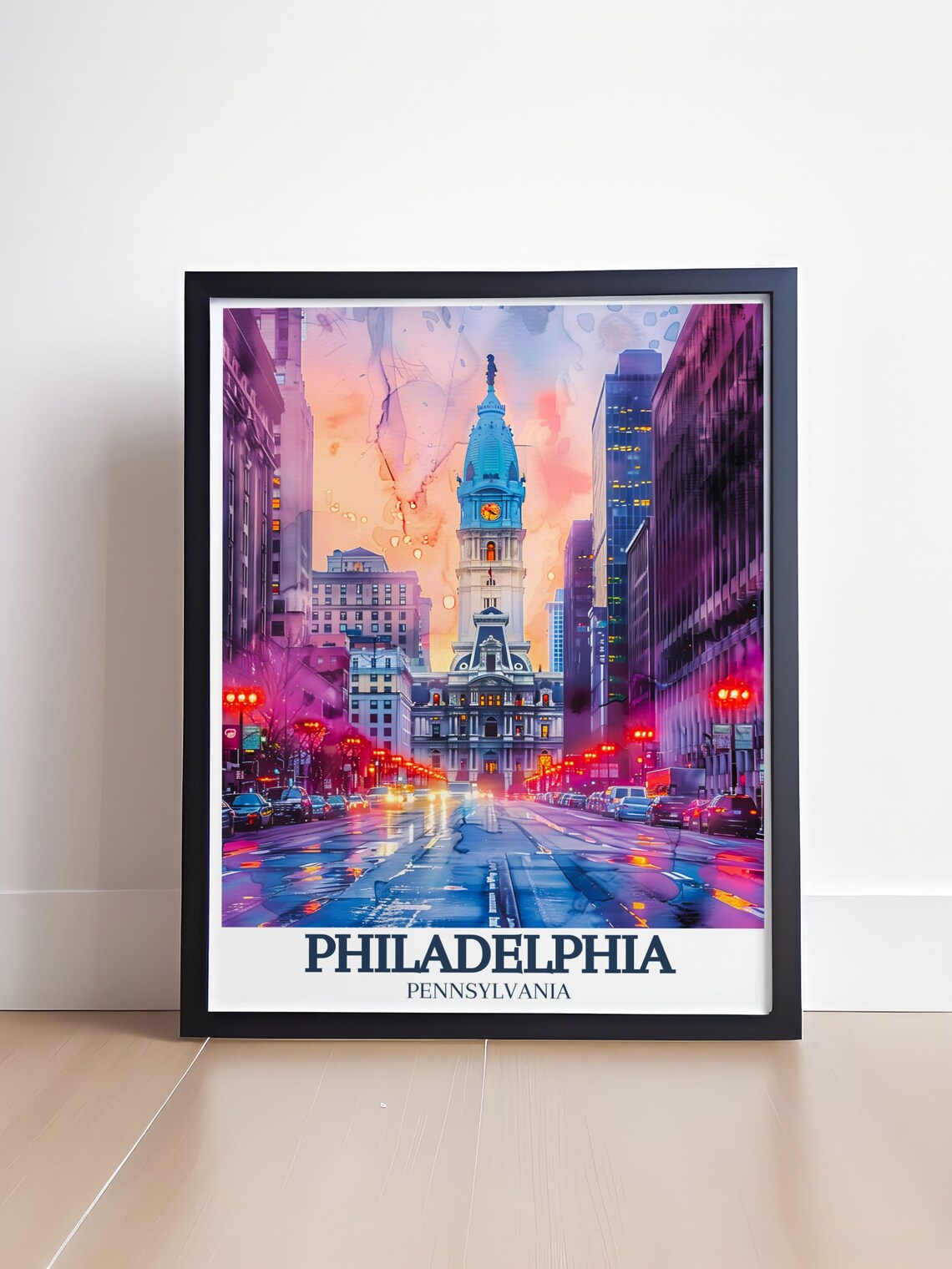 Philadelphia City Hall Neon Night Rain Street Pennsylvania Poster - Image 4