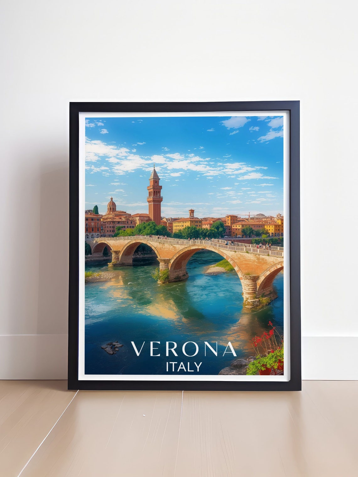 Verona Italy Ponte Pietra Bridge Over Adige River Travel Poster - Image 4