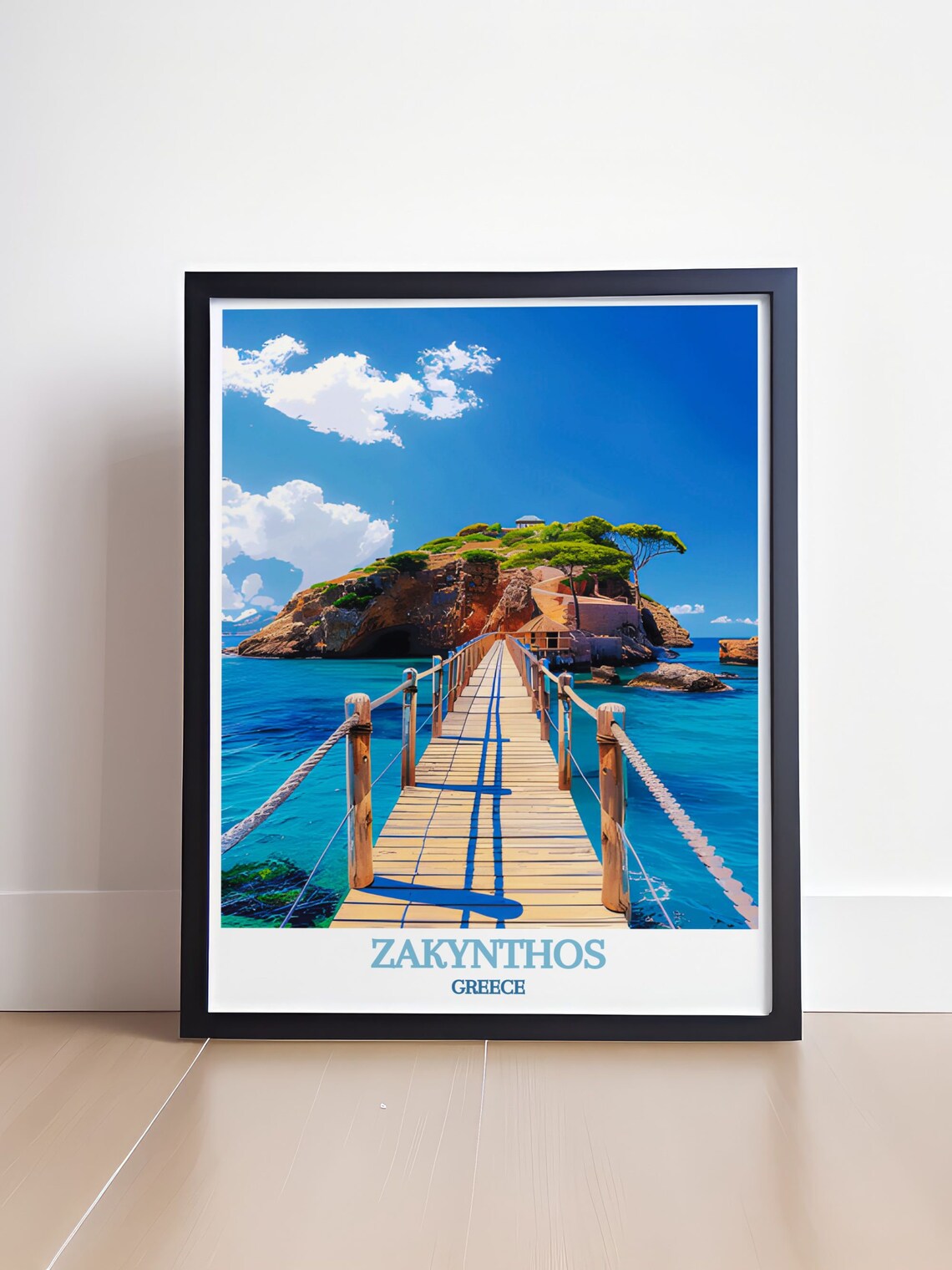Zakynthos Cameo Island Wooden Rope Bridge Blue Sea Travel Poster - Image 4
