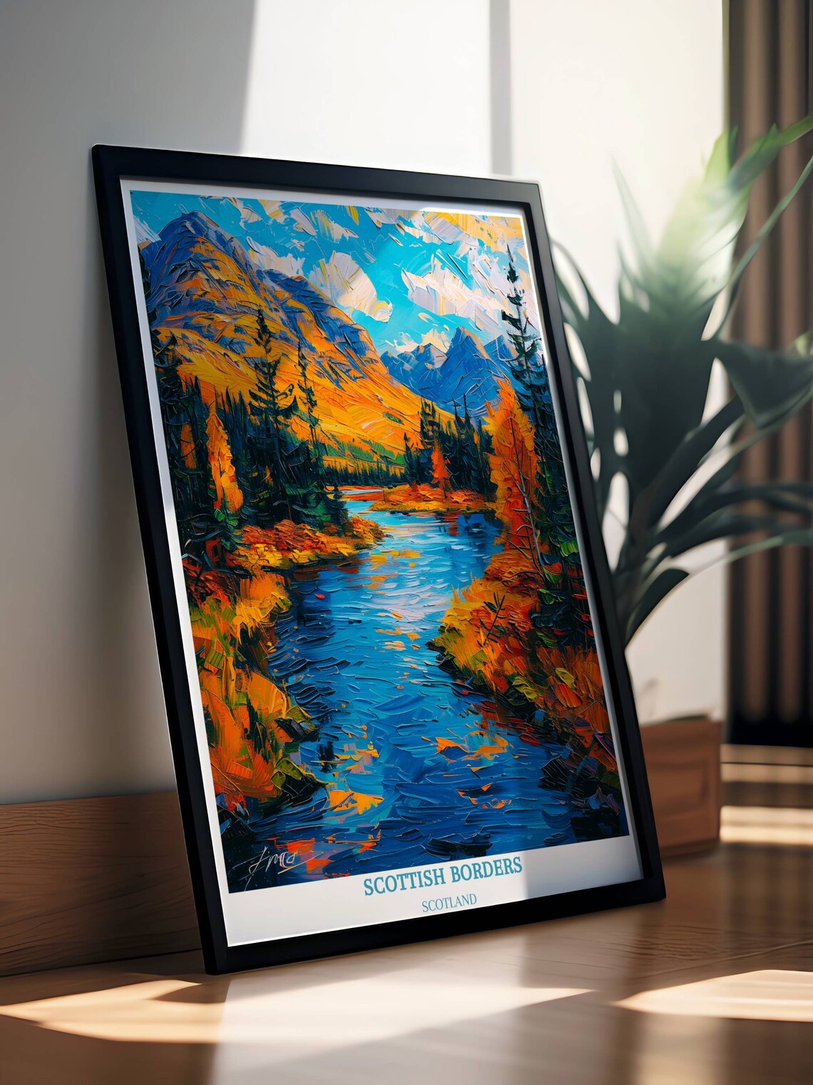Scottish Borders Autumn River Mountain Oil Painting Style Poster - Image 2