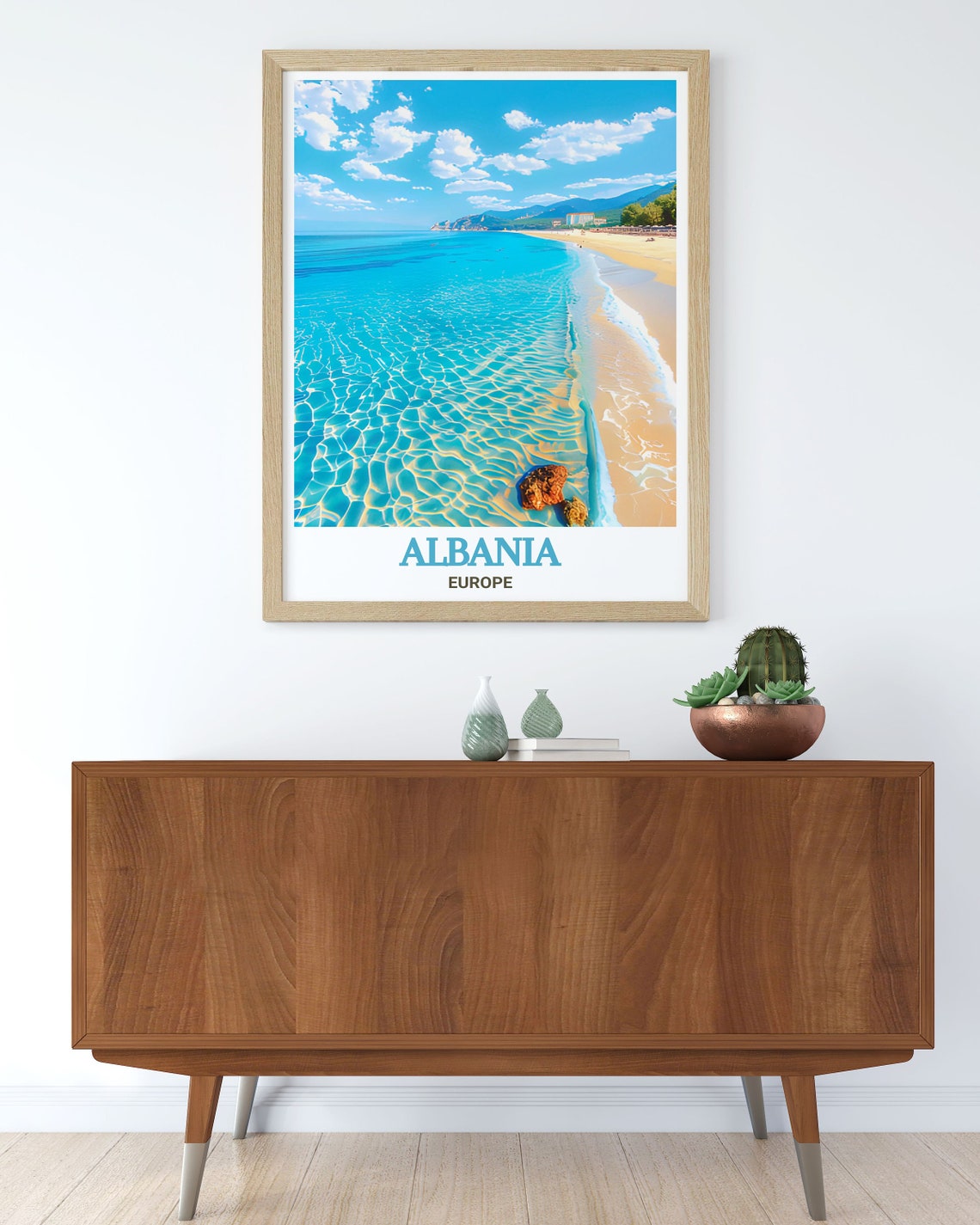 Dhermi Beach Turquoise Sea Golden Sandy Shore Travel Art Poster - Image 2