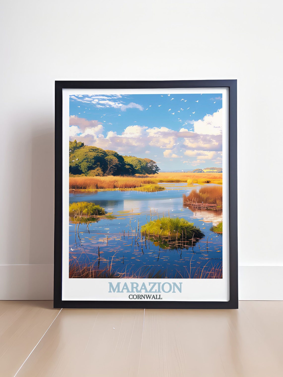 Marazion Cornwall Marsh Wetlands Reflecting Sky Travel Poster - Image 4
