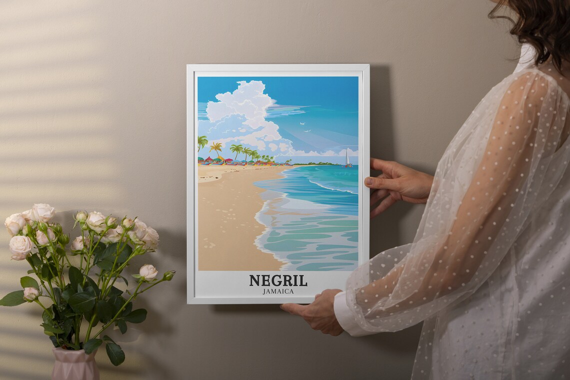 Negril Seven Mile Beach Umbrellas Palm Jamaica Travel Poster - Image 3
