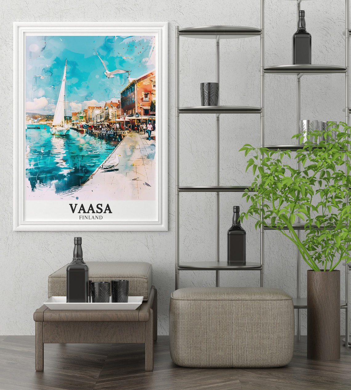 Vaasa Finland Watercolor Harbor Sailboat Seagulls Waterfront Poster - Image 3