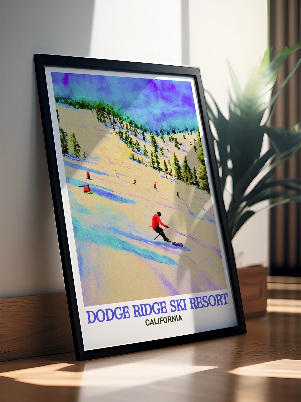 Dodge Ridge Ski Slopes Watercolor Skiers Winter California Poster - Image 2